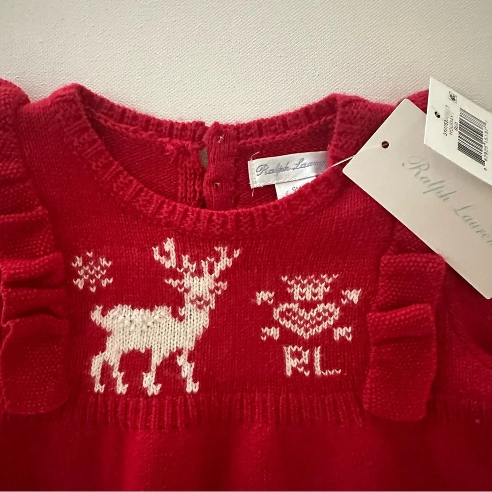 Ralph Lauren 9 Months Baby Girl Red Sweater Reindeer Holiday Christmas NWT